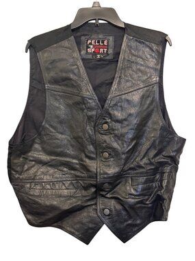 Vintage Pelle Sport Genuine Leather Black Button-Up Vest Size L